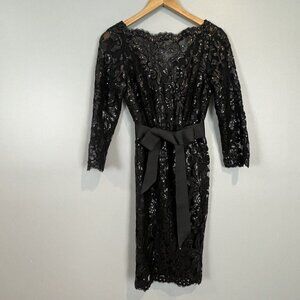 Tadashi Shoji Black Lace Sequin Cocktail Dress Front Bow Size Petite 6 NWT
